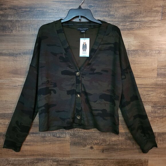 Social Standard By Sanctuary Sweater L Daytripper Camo Cardigan Thin Knit NWT - Picture 1 of 10